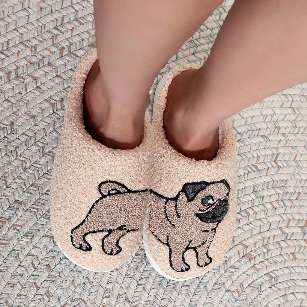 Pug Embroidered Plush Thick-Soled Indoor Slippers