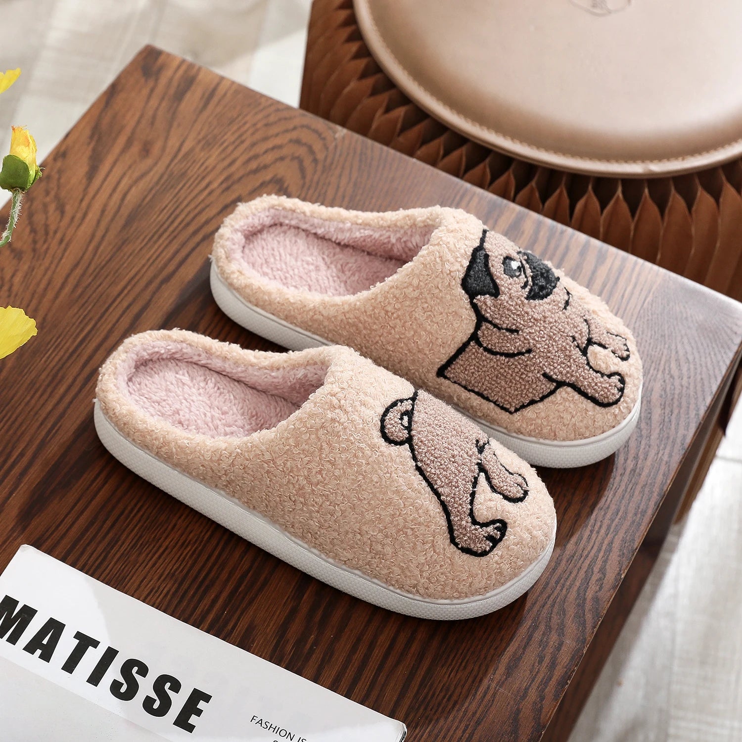 Pug Embroidered Plush Thick-Soled Indoor Slippers