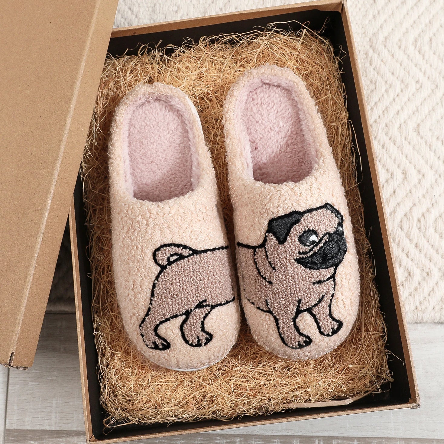 Pug Embroidered Plush Thick-Soled Indoor Slippers