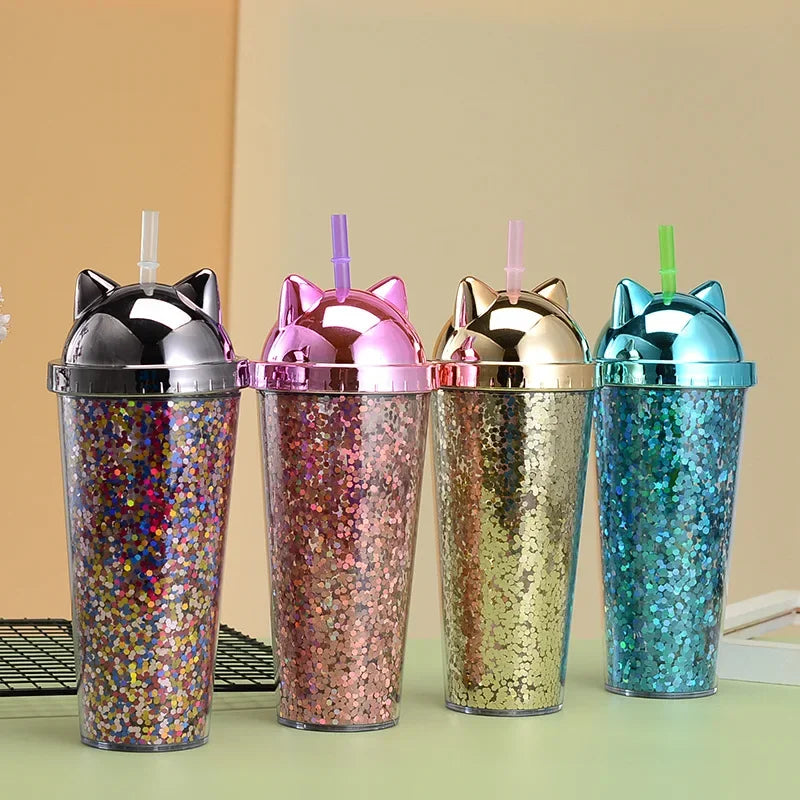 Glittery Creative Cat Ear Straw Cup with Electroplated Lid