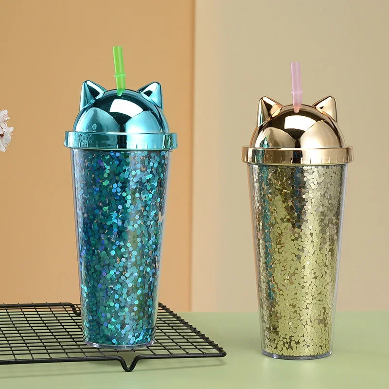 Glittery Creative Cat Ear Straw Cup with Electroplated Lid