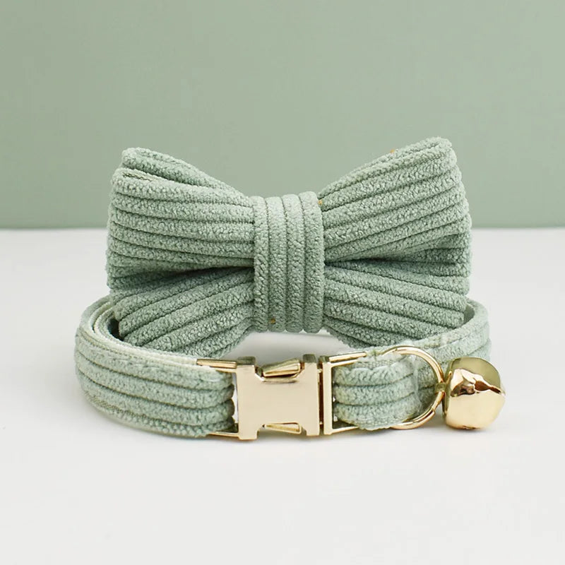Personalized Corduroy Pet Collar with Bell & Bow Tie