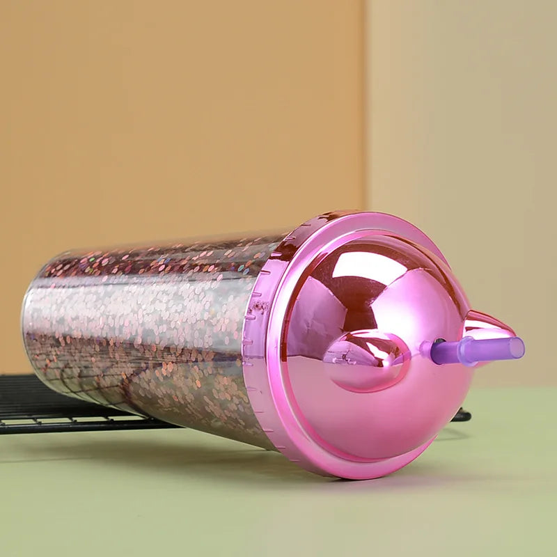 Glittery Creative Cat Ear Straw Cup with Electroplated Lid