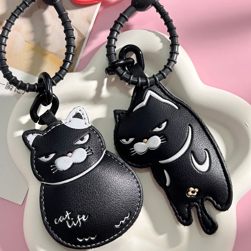 Cool Black Slacker Cat Leather Keychain