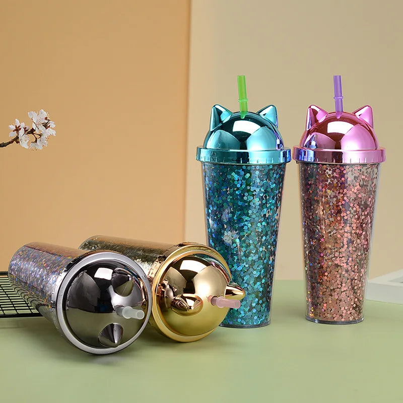 Glittery Creative Cat Ear Straw Cup with Electroplated Lid