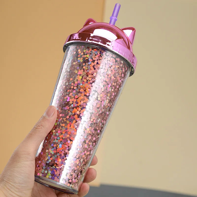 Glittery Creative Cat Ear Straw Cup with Electroplated Lid