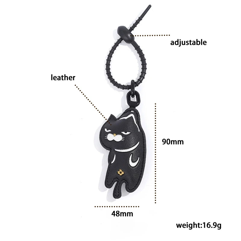 Cool Black Slacker Cat Leather Keychain