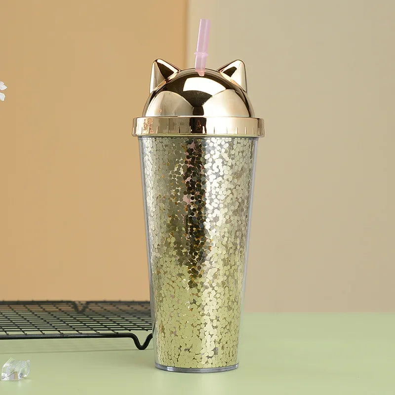 Glittery Creative Cat Ear Straw Cup with Electroplated Lid