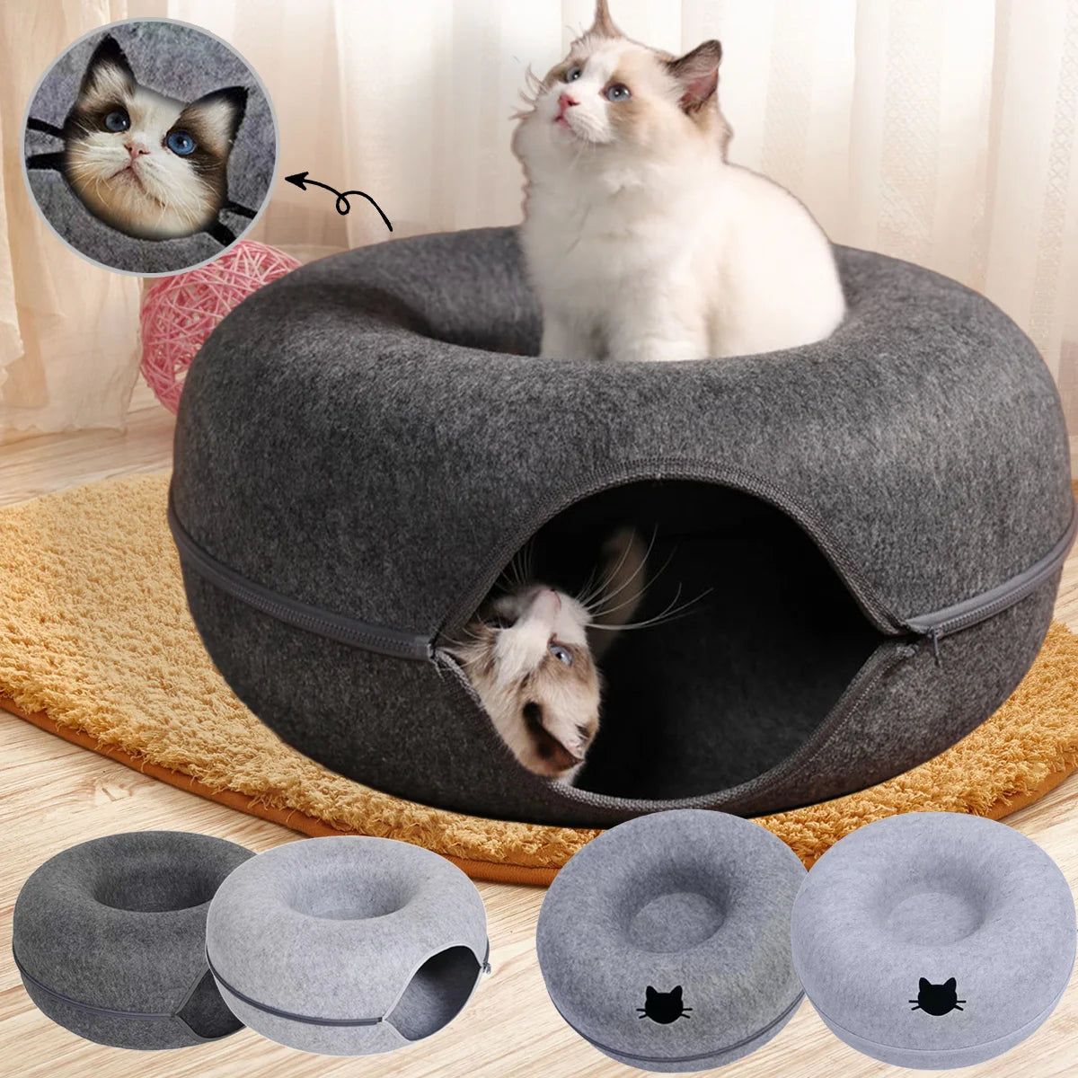 Felt Donut Tunnel Cat Bed with Breather Hole