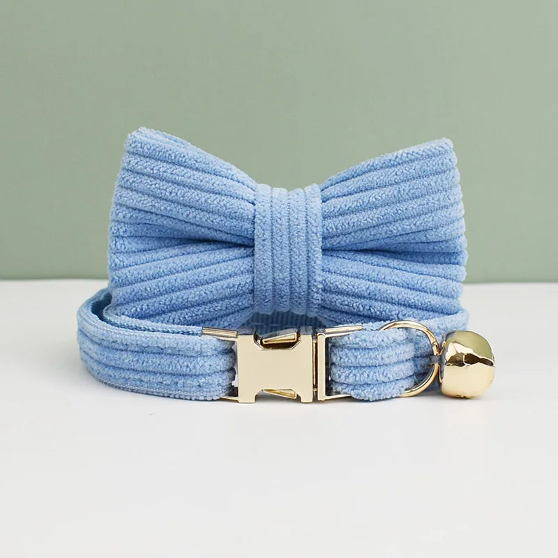 Personalized Corduroy Pet Collar with Bell & Bow Tie