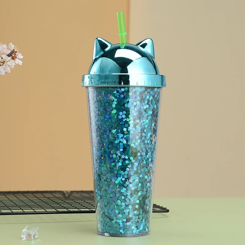 Glittery Creative Cat Ear Straw Cup with Electroplated Lid