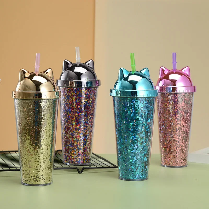 Glittery Creative Cat Ear Straw Cup with Electroplated Lid