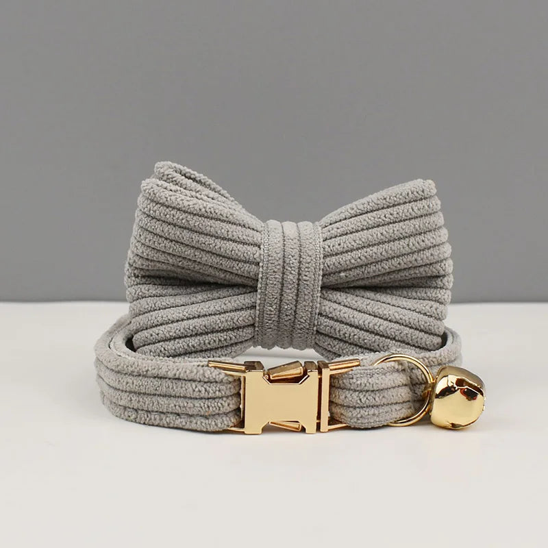 Personalized Corduroy Pet Collar with Bell & Bow Tie