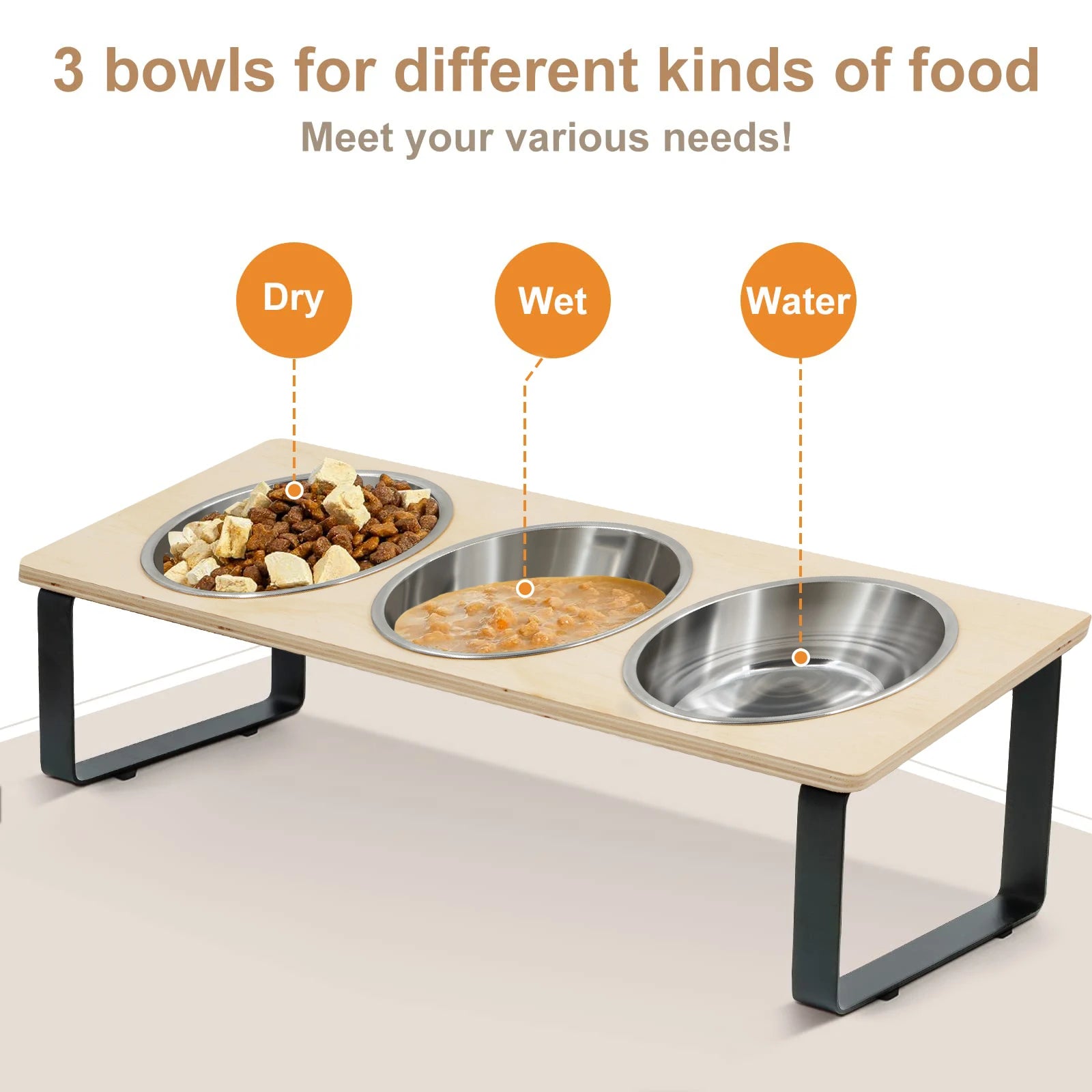 Elevated Tilted Pet Feeder with 3 Stainless Steel Bowls
