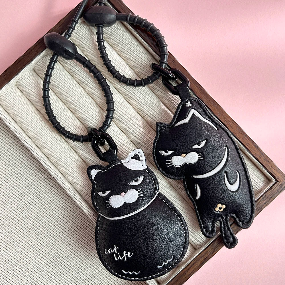 Cool Black Slacker Cat Leather Keychain