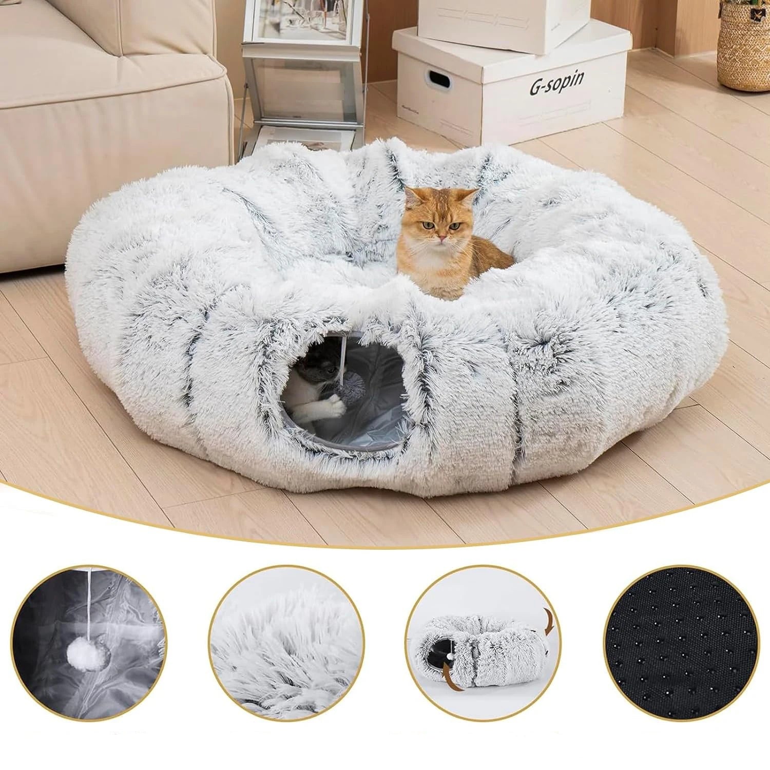 Cozy Plush Foldable Tunnel Cat Bed