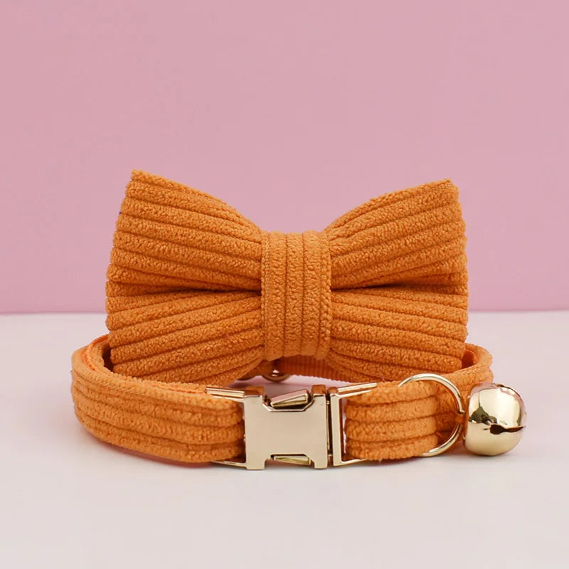 Personalized Corduroy Pet Collar with Bell & Bow Tie