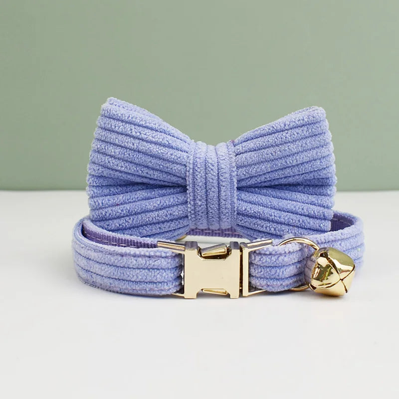 Personalized Corduroy Pet Collar with Bell & Bow Tie