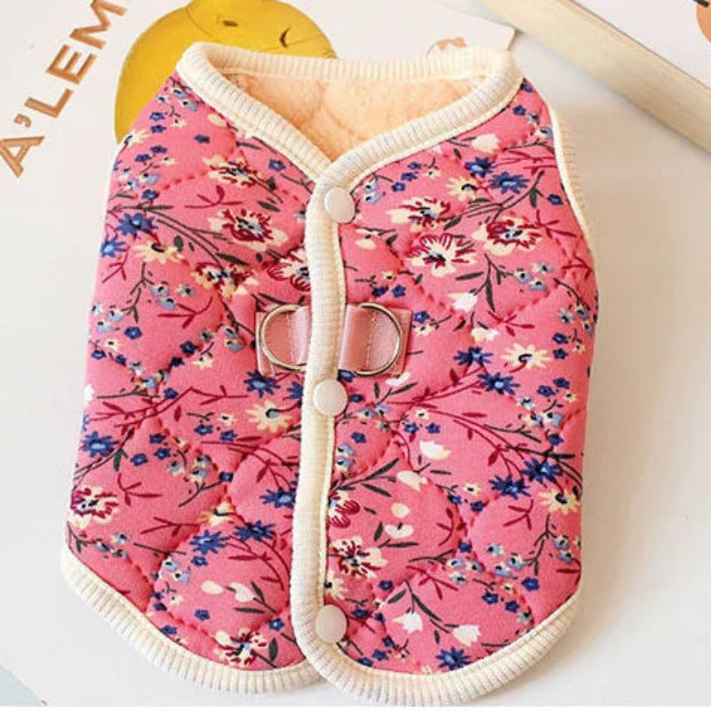 Soft Cotton Fleece Floral Pet Coat With Harness Ring