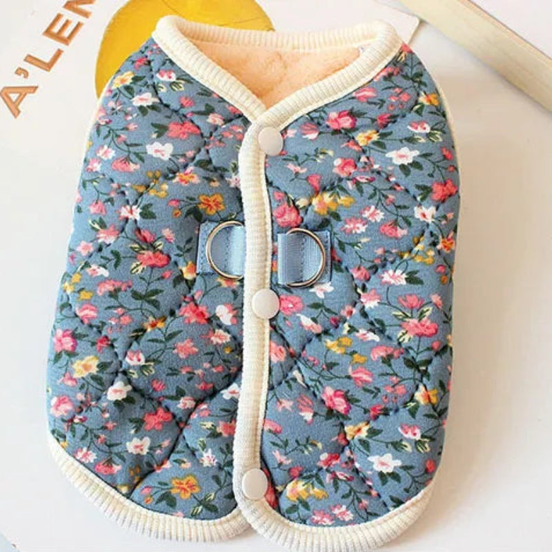 Soft Cotton Fleece Floral Pet Coat With Harness Ring