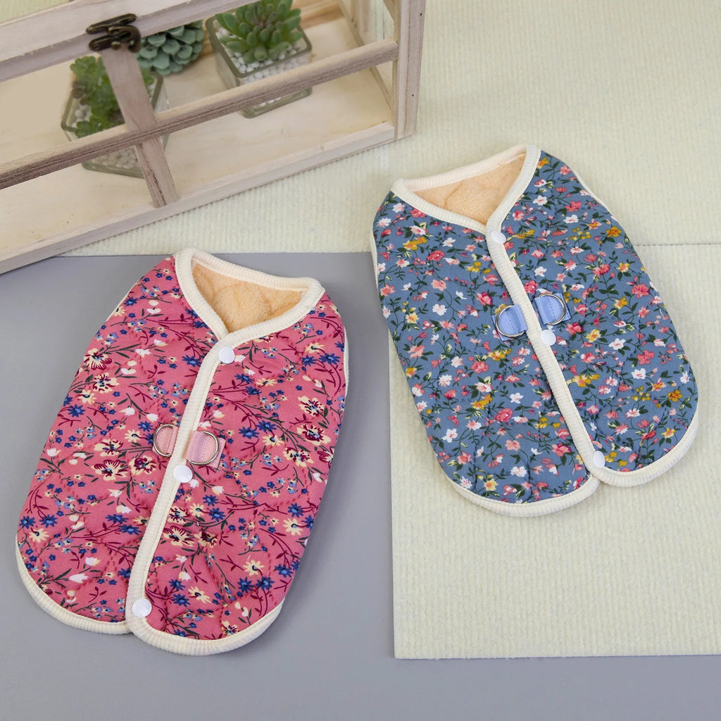 Soft Cotton Fleece Floral Pet Coat With Harness Ring