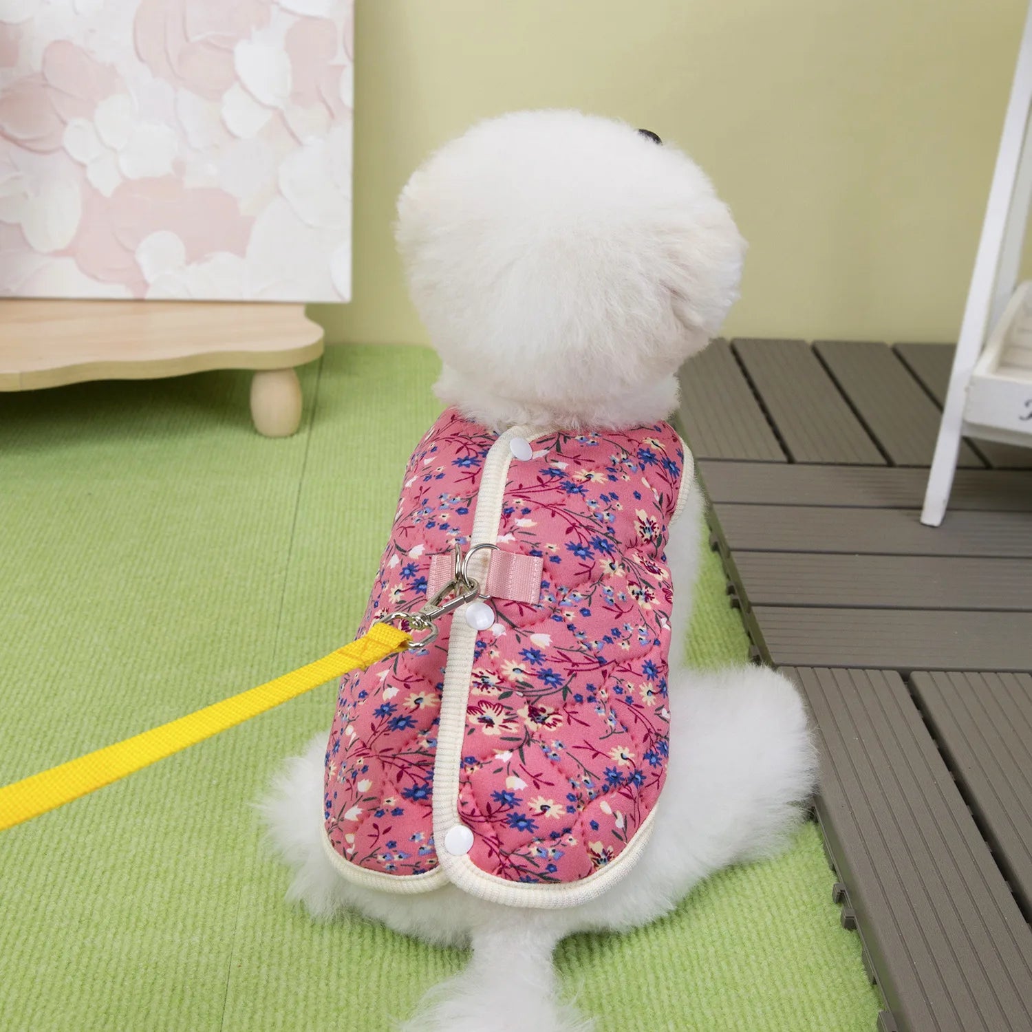 Soft Cotton Fleece Floral Pet Coat With Harness Ring