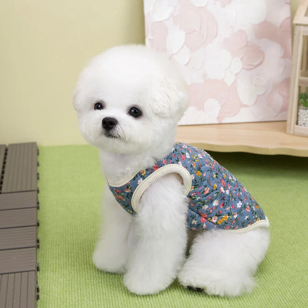 Soft Cotton Fleece Floral Pet Coat With Harness Ring