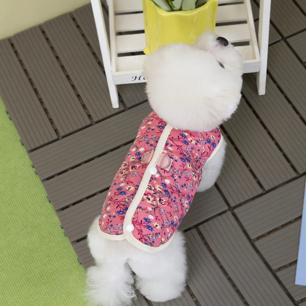 Soft Cotton Fleece Floral Pet Coat With Harness Ring