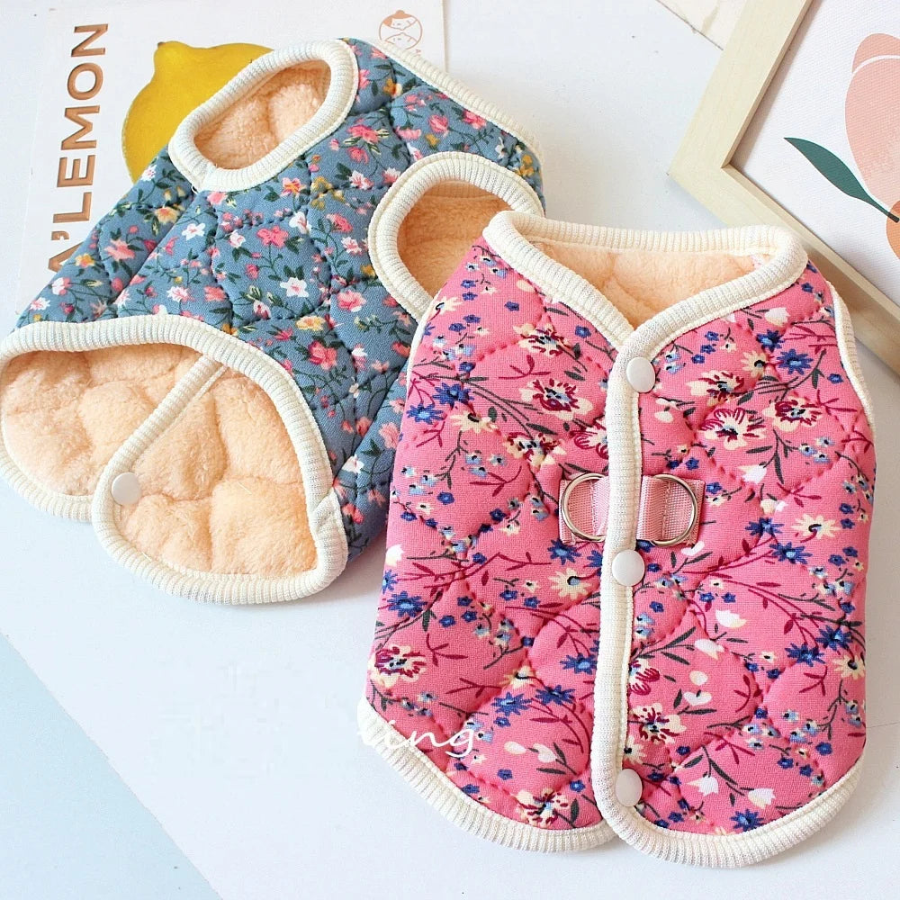 Soft Cotton Fleece Floral Pet Coat With Harness Ring