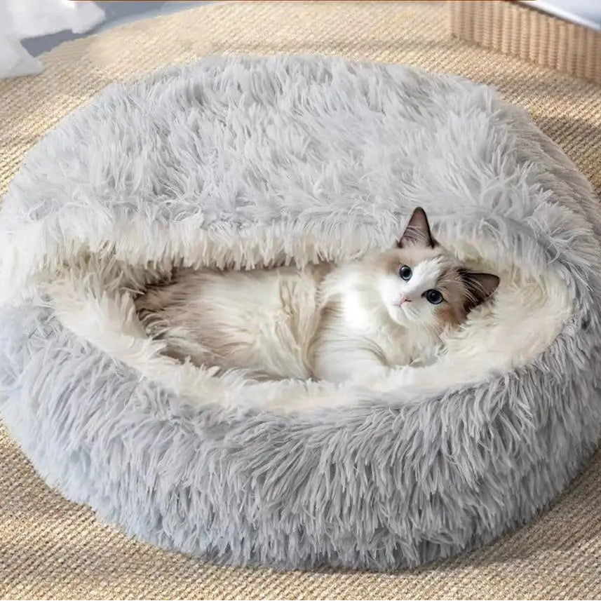 Winter Plush Cozy Cat Cave Bed
