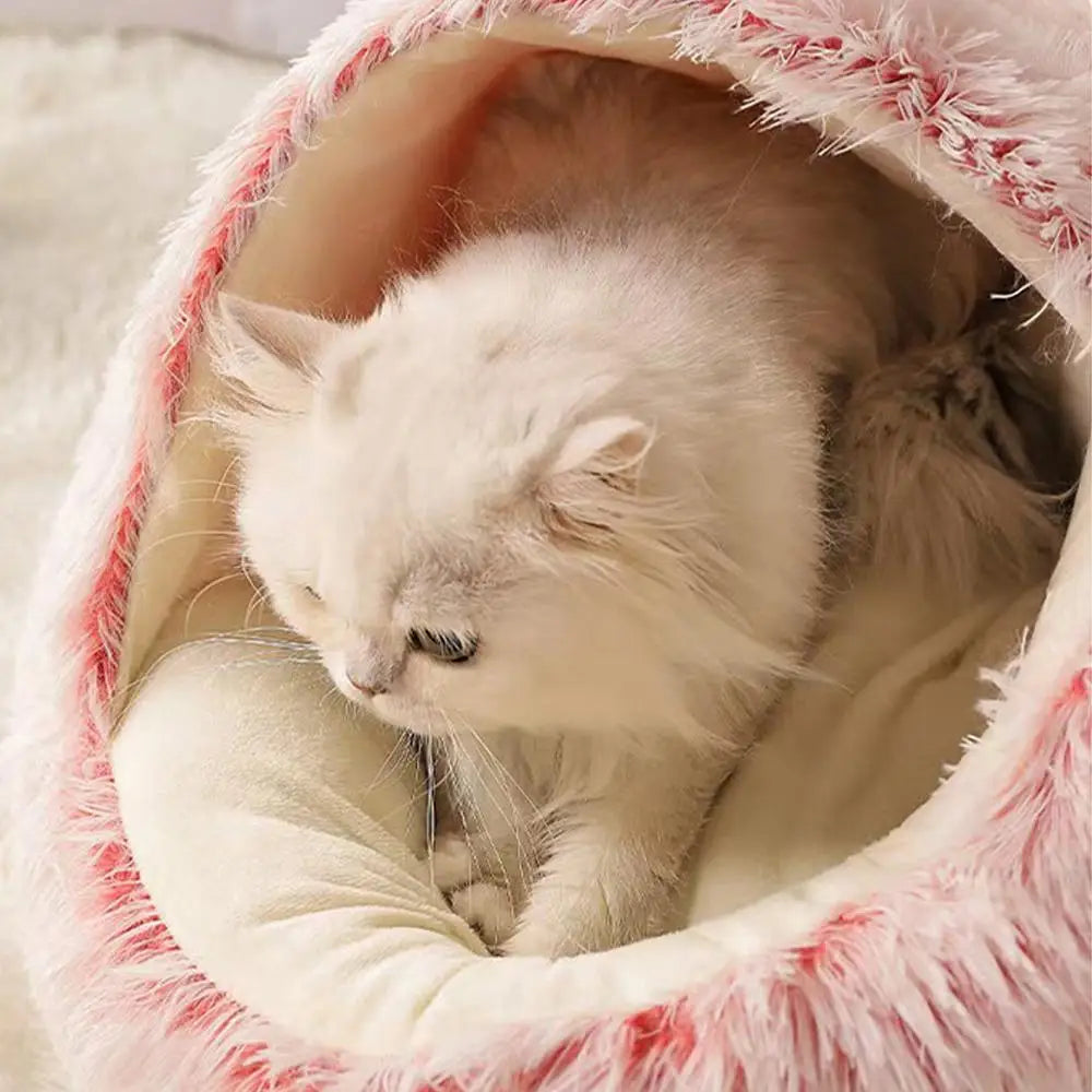 Winter Plush Cozy Cat Cave Bed